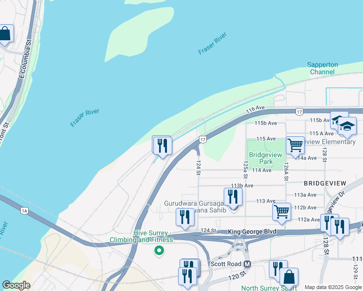 map of restaurants, bars, coffee shops, grocery stores, and more near 12343 Industrial Road in Surrey