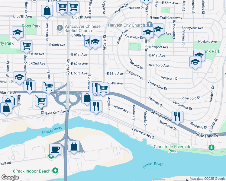 map of restaurants, bars, coffee shops, grocery stores, and more near 1757 Southeast Marine Drive in Vancouver