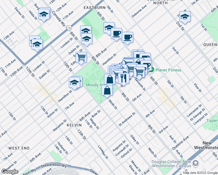 map of restaurants, bars, coffee shops, grocery stores, and more near 600 8th Street in New Westminster