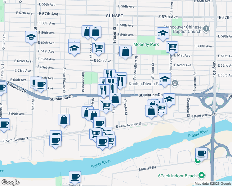 map of restaurants, bars, coffee shops, grocery stores, and more near 8188 Fraser Street in Vancouver