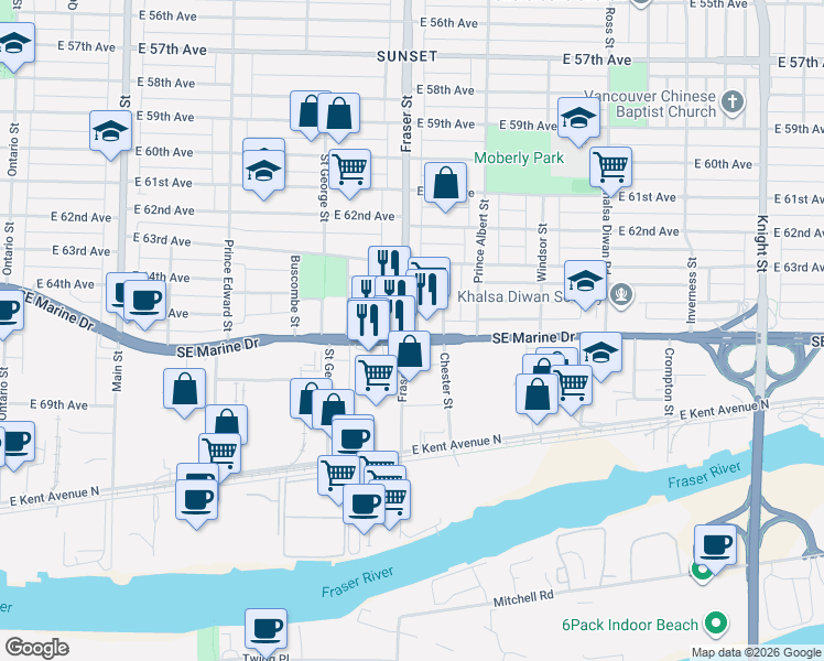 map of restaurants, bars, coffee shops, grocery stores, and more near 8188 Fraser Street in Vancouver