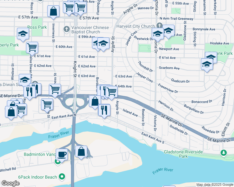 map of restaurants, bars, coffee shops, grocery stores, and more near 1715 Southeast Marine Drive in Vancouver