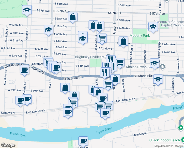 map of restaurants, bars, coffee shops, grocery stores, and more near 475 Southeast Marine Drive in Vancouver
