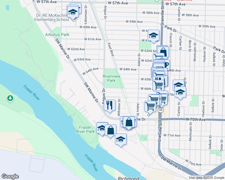 map of restaurants, bars, coffee shops, grocery stores, and more near 1750 West 66th Avenue in Vancouver