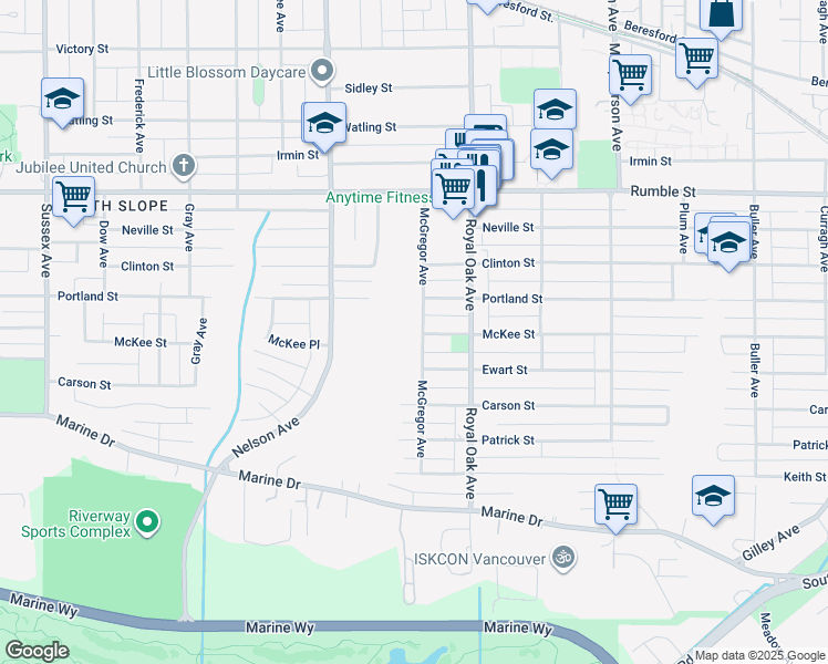 map of restaurants, bars, coffee shops, grocery stores, and more near 7989 McGregor Avenue in Burnaby