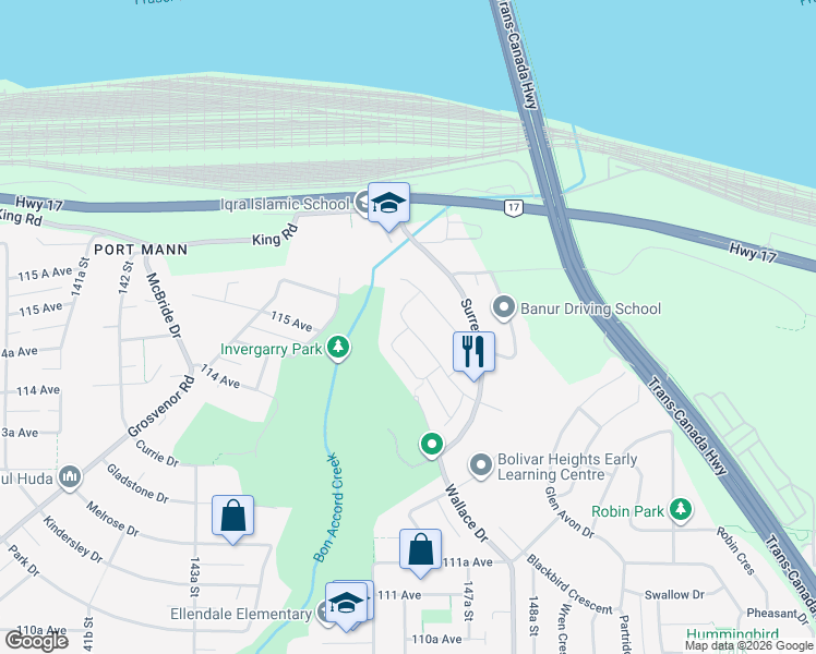 map of restaurants, bars, coffee shops, grocery stores, and more near Wellington Drive in Surrey