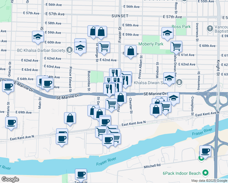 map of restaurants, bars, coffee shops, grocery stores, and more near 695 Southeast Marine Drive in Vancouver