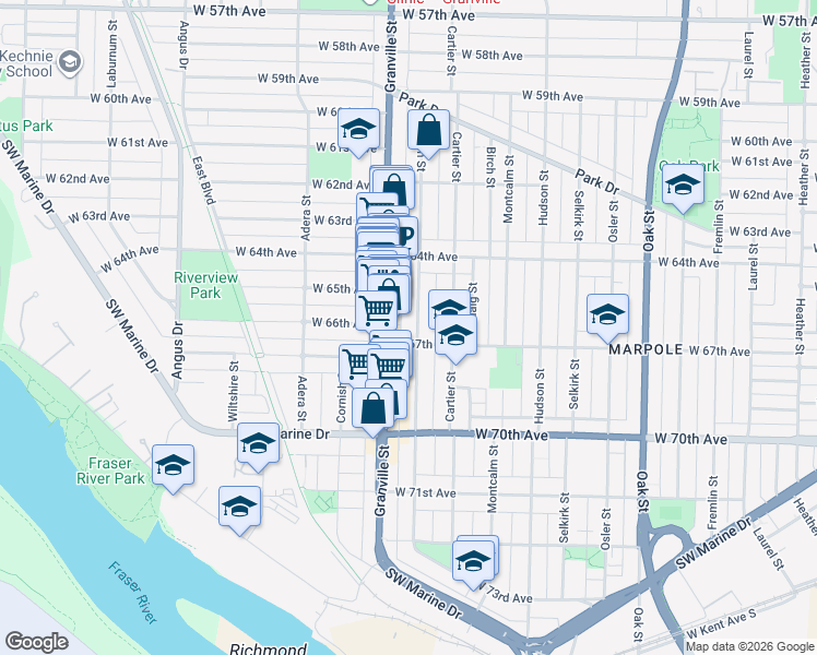 map of restaurants, bars, coffee shops, grocery stores, and more near 8235 French Street in Vancouver