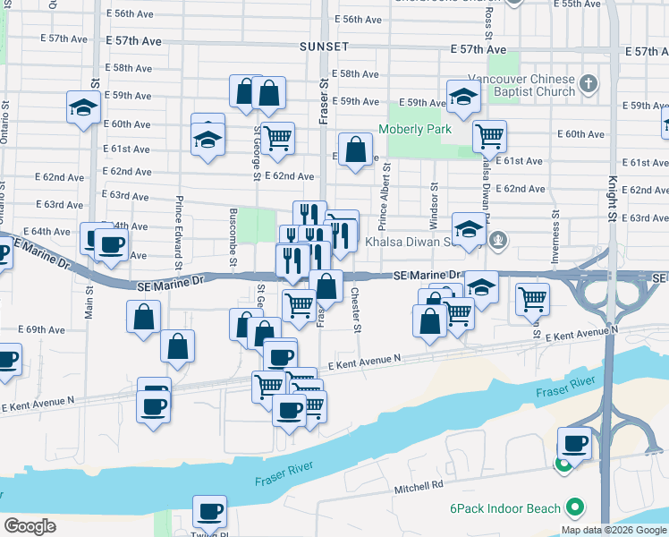 map of restaurants, bars, coffee shops, grocery stores, and more near 713 Southeast Marine Drive in Vancouver