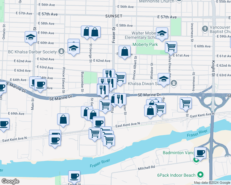 map of restaurants, bars, coffee shops, grocery stores, and more near 8188 Fraser Street in Vancouver
