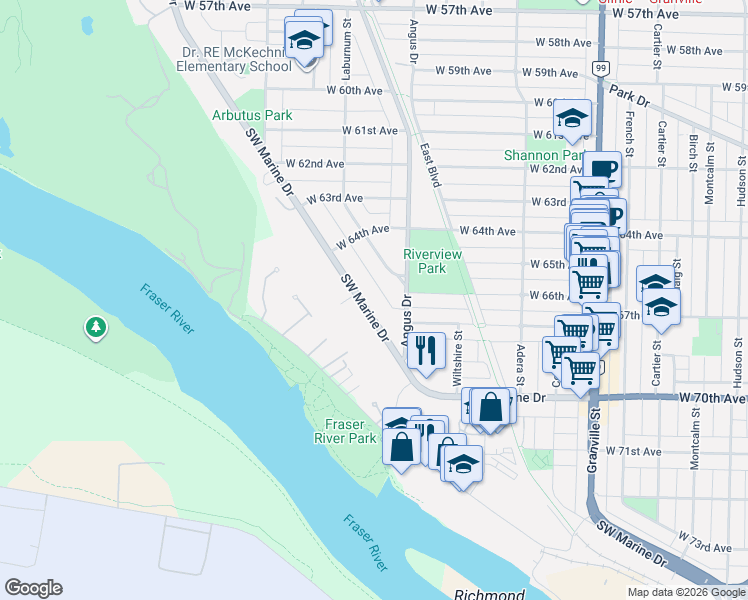 map of restaurants, bars, coffee shops, grocery stores, and more near 1849 Southwest Marine Drive in Vancouver
