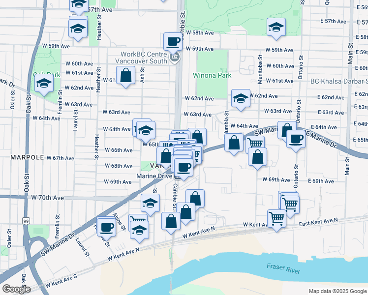map of restaurants, bars, coffee shops, grocery stores, and more near in Vancouver