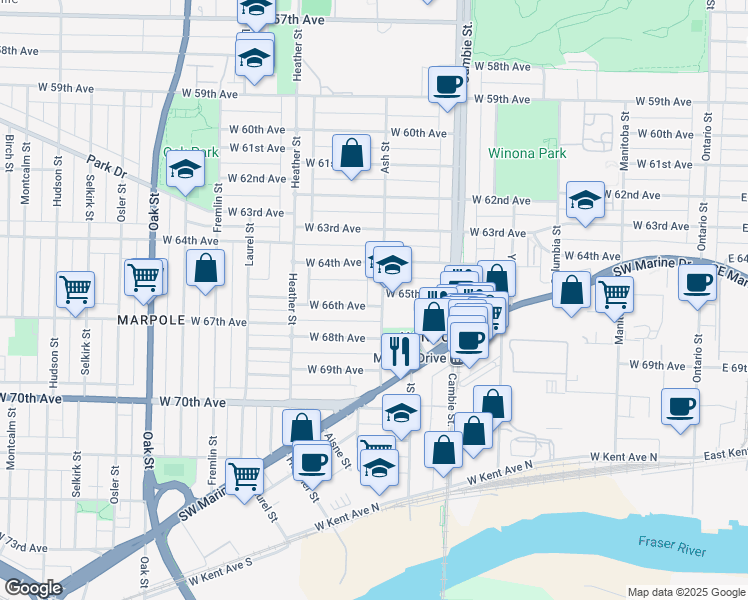 map of restaurants, bars, coffee shops, grocery stores, and more near in Vancouver