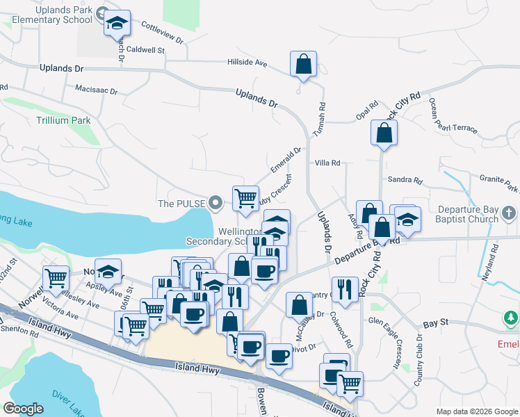 map of restaurants, bars, coffee shops, grocery stores, and more near 526 Ruby Crescent in Nanaimo