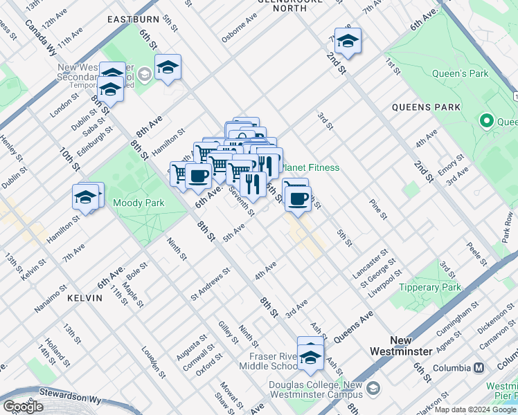 map of restaurants, bars, coffee shops, grocery stores, and more near 301-625 5th Avenue in New Westminster