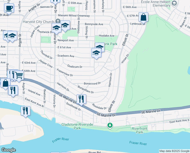 map of restaurants, bars, coffee shops, grocery stores, and more near 2288 Fraserview Drive in Vancouver