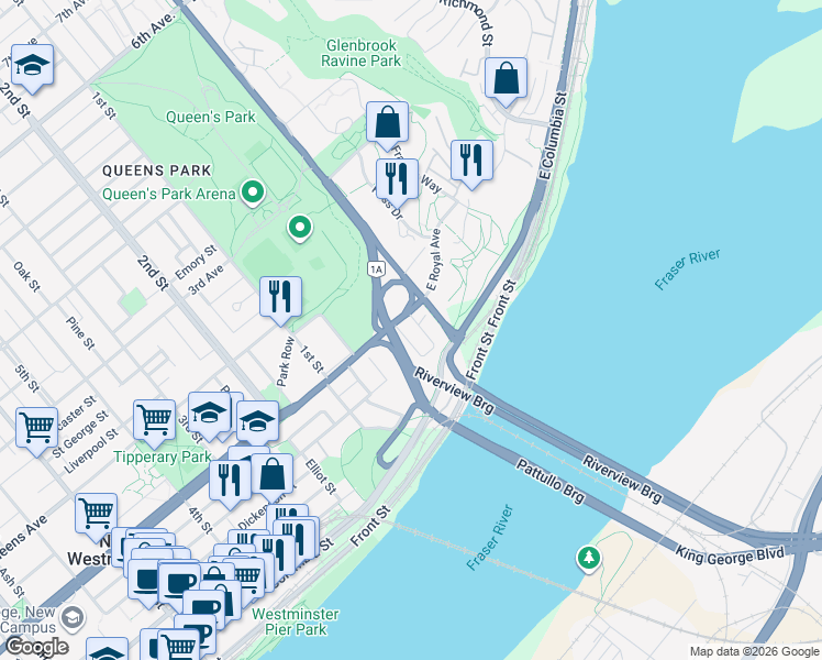 map of restaurants, bars, coffee shops, grocery stores, and more near 48 Leopold Place in New Westminster