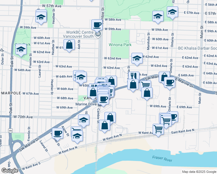 map of restaurants, bars, coffee shops, grocery stores, and more near 455 Southwest Marine Drive in Vancouver