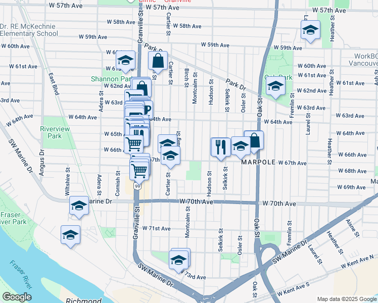 map of restaurants, bars, coffee shops, grocery stores, and more near 8237 Montcalm Street in Vancouver