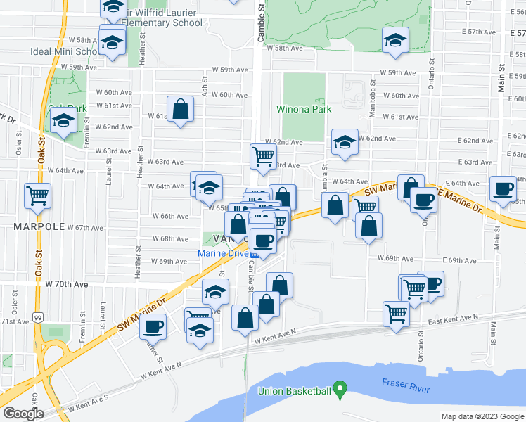 map of restaurants, bars, coffee shops, grocery stores, and more near 475 West 64th Avenue in Vancouver