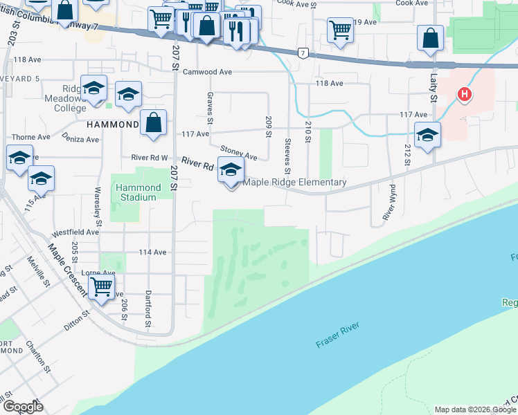 map of restaurants, bars, coffee shops, grocery stores, and more near 20886 River Road in Maple Ridge