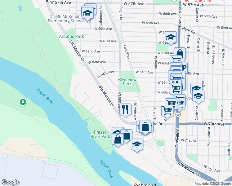 map of restaurants, bars, coffee shops, grocery stores, and more near 8295 Angus Drive in Vancouver