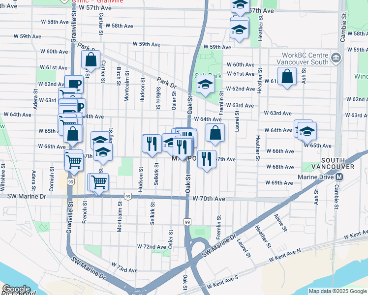 map of restaurants, bars, coffee shops, grocery stores, and more near 8225 Oak Street in Vancouver