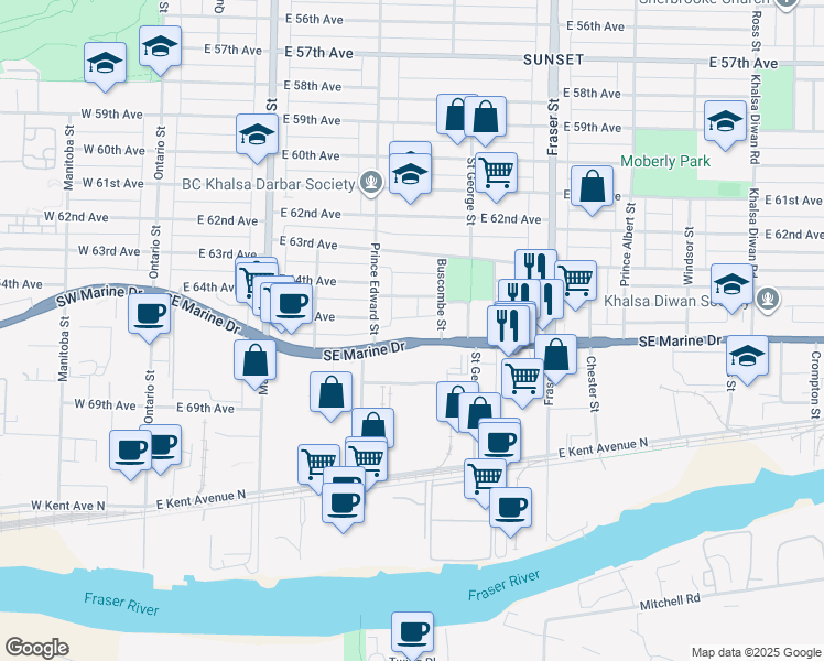 map of restaurants, bars, coffee shops, grocery stores, and more near 431 Southeast Marine Drive in Vancouver