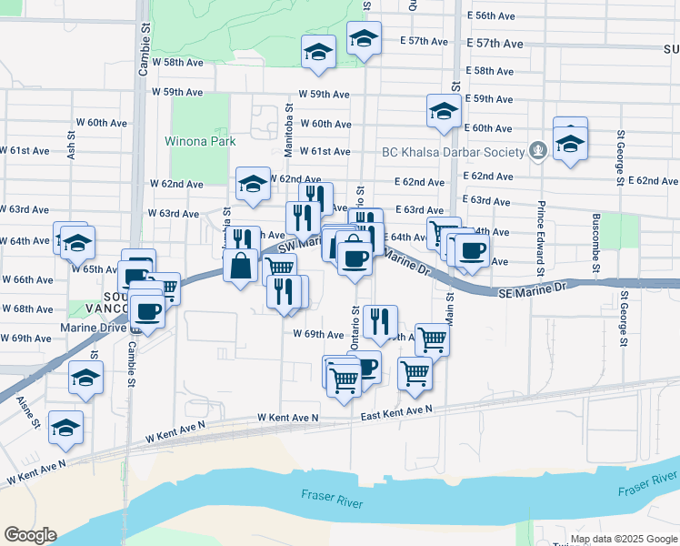map of restaurants, bars, coffee shops, grocery stores, and more near 8125 Ontario Street in Vancouver