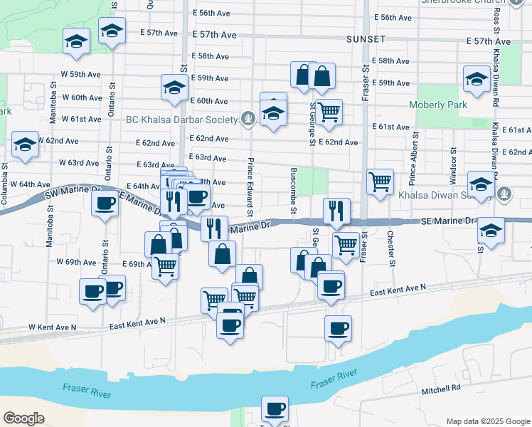 map of restaurants, bars, coffee shops, grocery stores, and more near in Vancouver