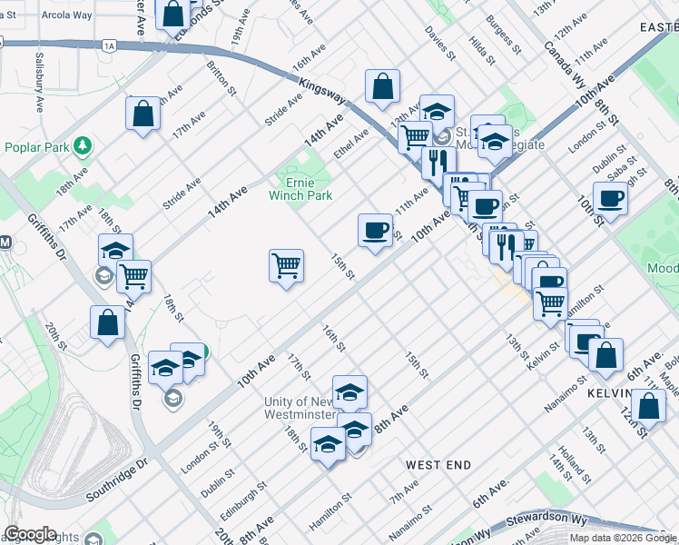 map of restaurants, bars, coffee shops, grocery stores, and more near 7847 Fifteenth Street in Burnaby