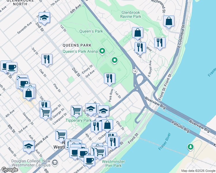 map of restaurants, bars, coffee shops, grocery stores, and more near 620 Queens Avenue in New Westminster