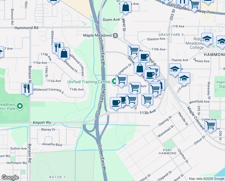 map of restaurants, bars, coffee shops, grocery stores, and more near 11491 Kingston Street in Maple Ridge