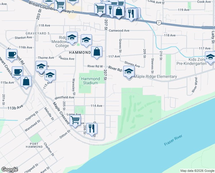 map of restaurants, bars, coffee shops, grocery stores, and more near 11534 207 Street in Maple Ridge