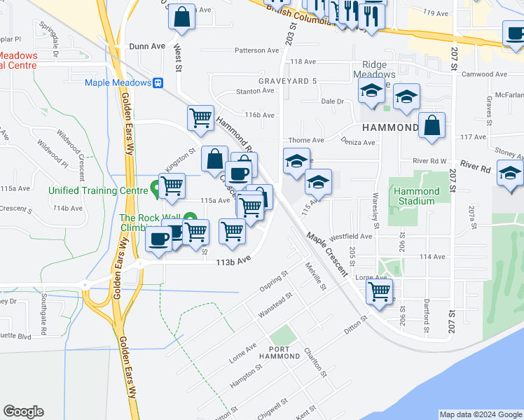 map of restaurants, bars, coffee shops, grocery stores, and more near 20295 113B Avenue in Maple Ridge