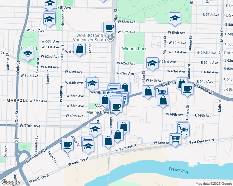 map of restaurants, bars, coffee shops, grocery stores, and more near in Vancouver