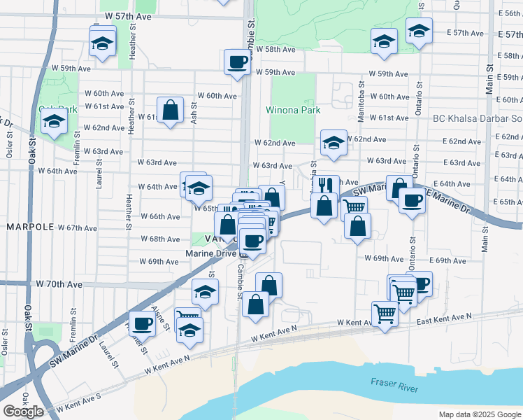 map of restaurants, bars, coffee shops, grocery stores, and more near 8100 Nunavut Lane in Vancouver