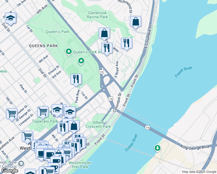map of restaurants, bars, coffee shops, grocery stores, and more near 12 Royal Avenue in New Westminster