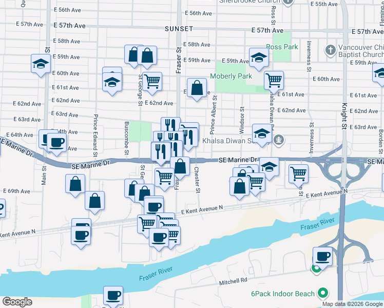 map of restaurants, bars, coffee shops, grocery stores, and more near in Vancouver