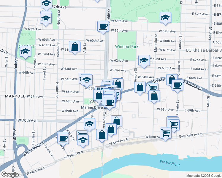 map of restaurants, bars, coffee shops, grocery stores, and more near 8101 Nunavut Lane in Vancouver