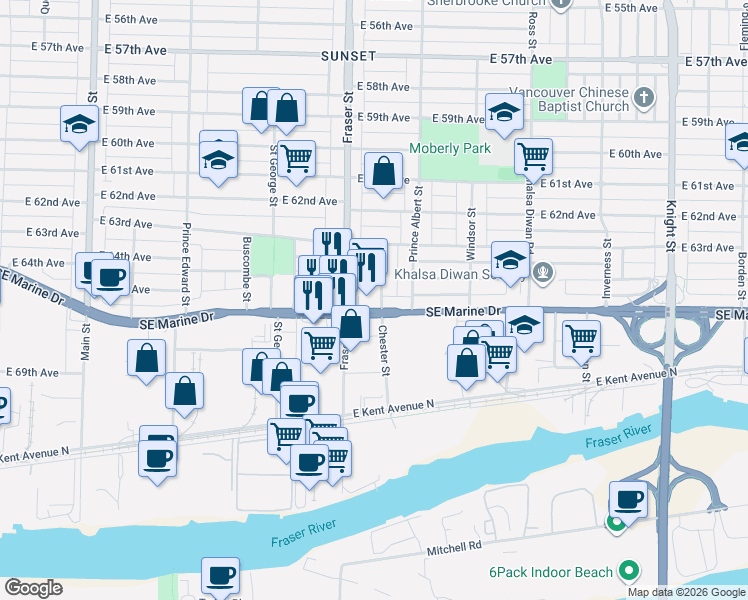 map of restaurants, bars, coffee shops, grocery stores, and more near 8181 Chester Street in Vancouver