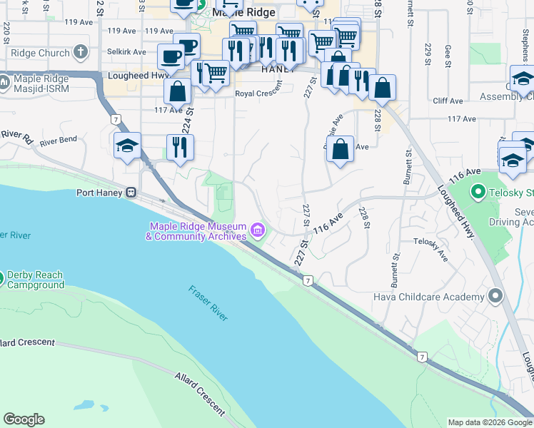 map of restaurants, bars, coffee shops, grocery stores, and more near 22555 116 Avenue in Maple Ridge
