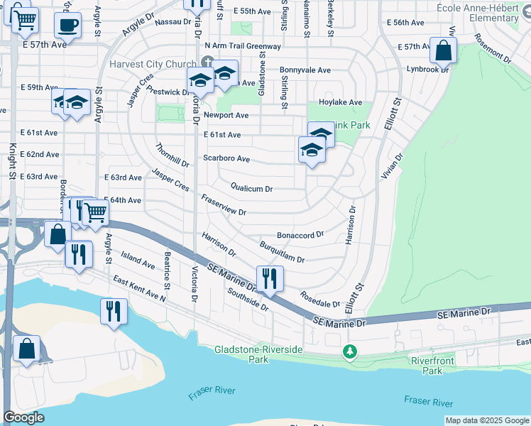 map of restaurants, bars, coffee shops, grocery stores, and more near Fraserview Drive in Vancouver