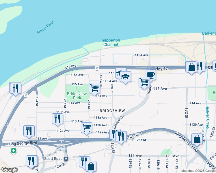 map of restaurants, bars, coffee shops, grocery stores, and more near 12775 114B Avenue in Surrey