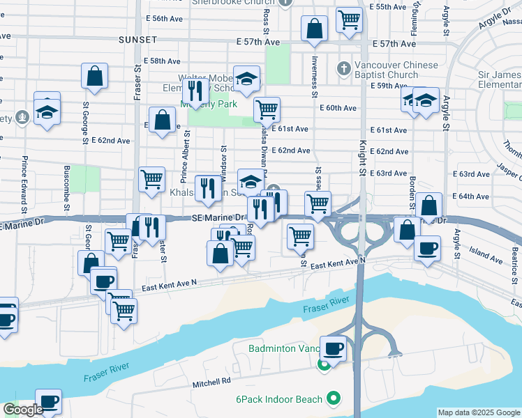 map of restaurants, bars, coffee shops, grocery stores, and more near 1177 Southeast Marine Drive in Vancouver