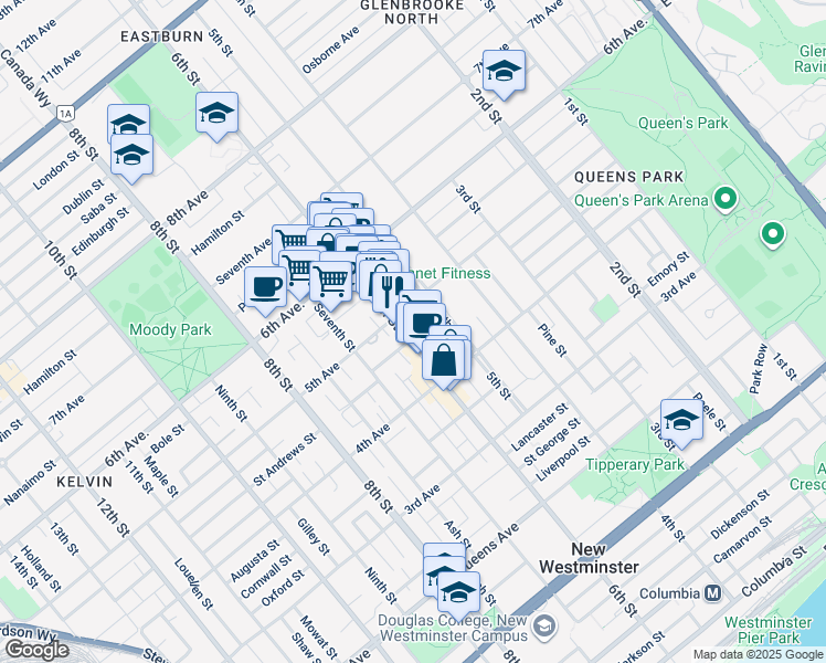 map of restaurants, bars, coffee shops, grocery stores, and more near 506 5th Avenue in New Westminster