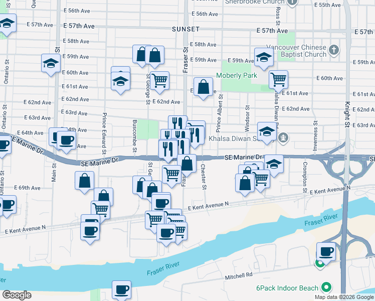 map of restaurants, bars, coffee shops, grocery stores, and more near 8188 Fraser Street in Vancouver