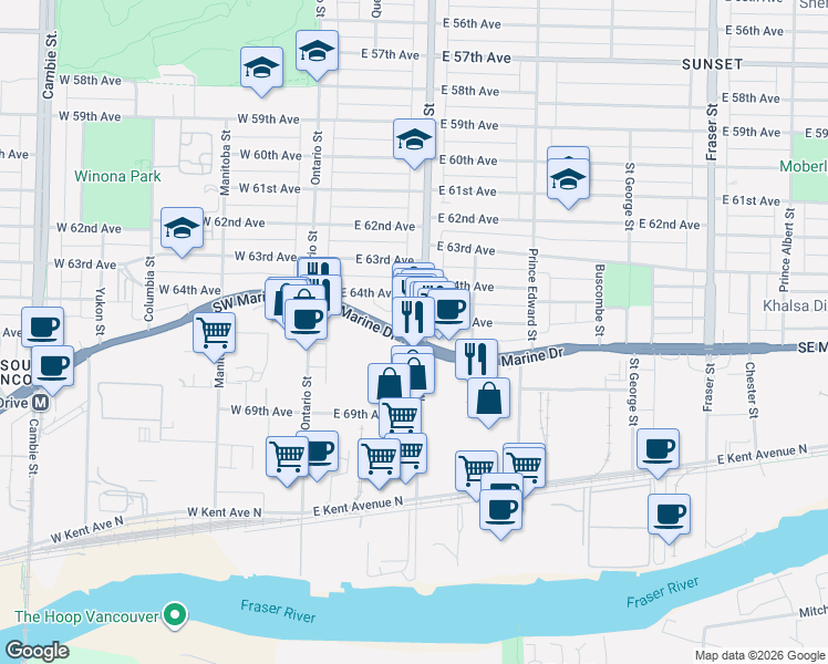 map of restaurants, bars, coffee shops, grocery stores, and more near 8197 Main Street in Vancouver