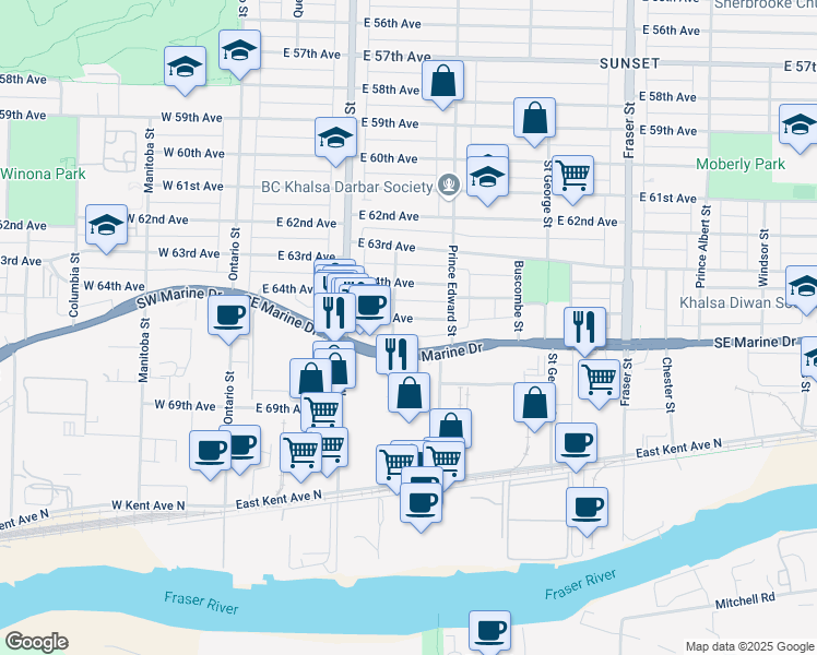 map of restaurants, bars, coffee shops, grocery stores, and more near 328 East 65th Avenue in Vancouver