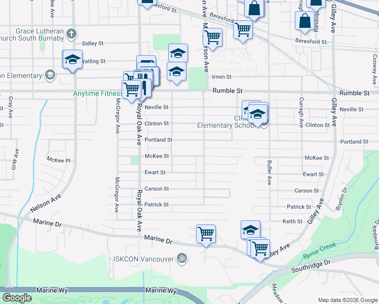 map of restaurants, bars, coffee shops, grocery stores, and more near 5511 McKee Street in Burnaby